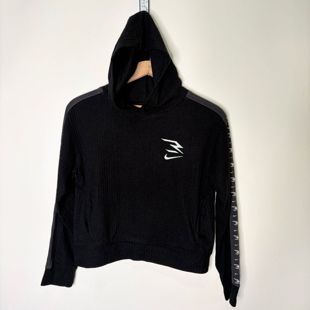 Nike 3 Brand Hoodie Cropped Crop Top Black Ribbed Knit Athleisure Women Large